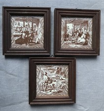 Lot of 3 framed vintage MOSA Dutch tiles 14cm sq. Rustic occupations. Brown.
