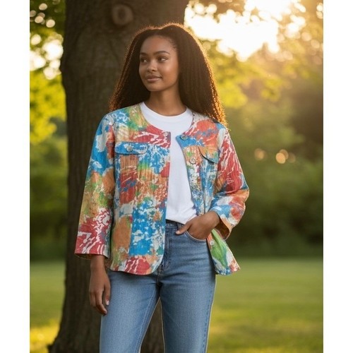 Ruby Rd Womens Artsy Print Button Front Jacket Multi Color Textured Size 16