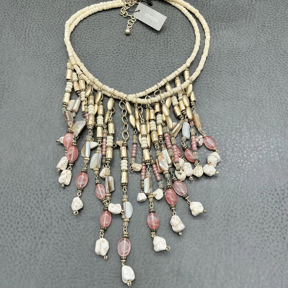 Collar Babero Chico's Declaración Multi Hilo Cuentas Rosa Blanco Oro Tono Flecos Foto 2 de 4