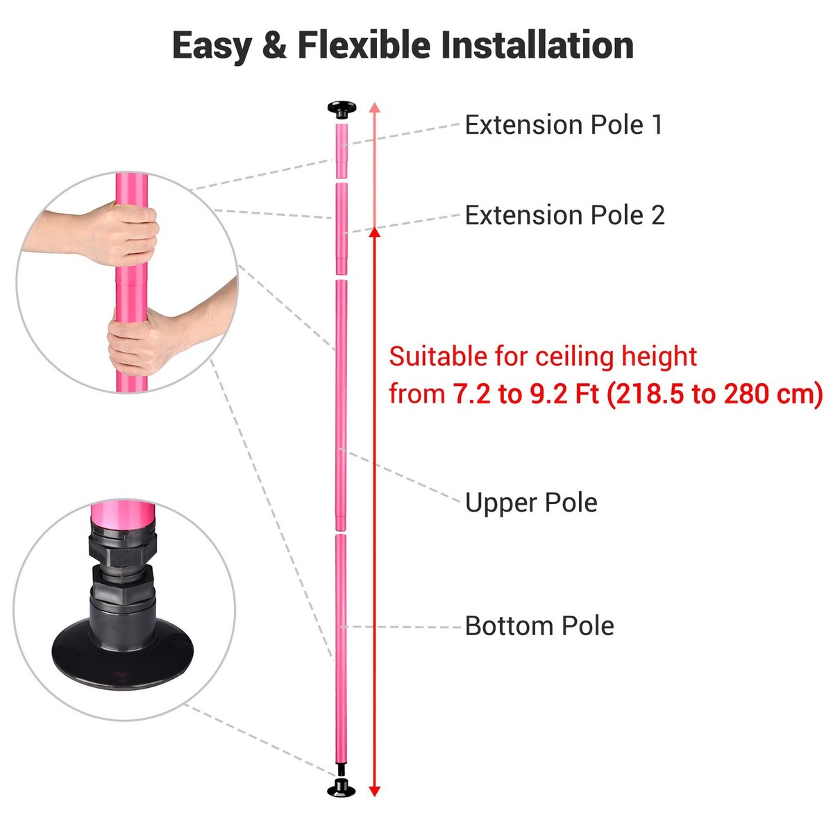 Mât De Danse Portable Yescom - Kit Rose, Hauteur Réglable 7,2 à 9,2 Pieds, Diamètre 50 Mm