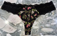 NEW Victoria Secret Dream Angels Lace Trim Thong Panty - Black Floral - XXL