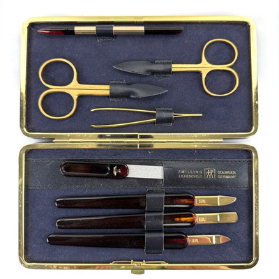 J. A. Henckels Zwilling Vintage Gold Plated Manicure Set of 8 Tools & Case EUC