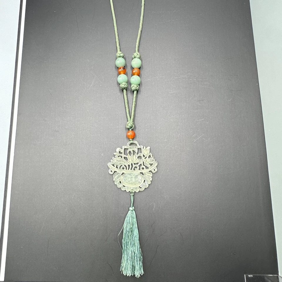 Collar Colgante Jade Tallado Cordón Verde Aventurina Cornalina Cuentas Borla 38" Foto 3 de 4