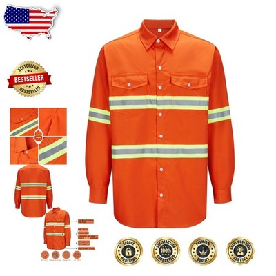 Men's Class 3 Orange Hi Vis Safety Work Shirts Large Reflective ANSI Certified