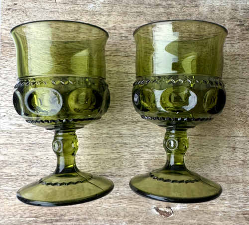 Indiana Glass Kings Crown Thumbprint Stemmed Glass Green 4.5" Tall - Picture 2 of 5