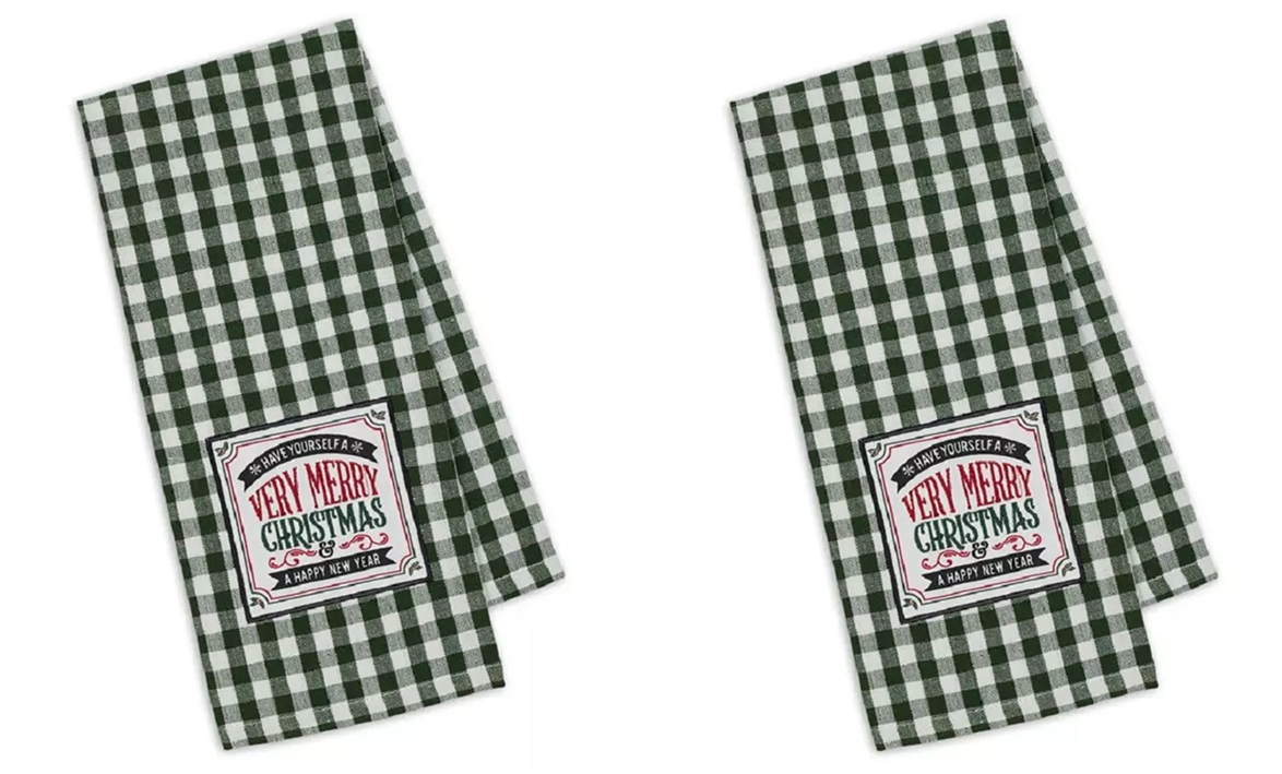 Set of 2 Christmas and New Year Holiday Kitchen Towels Merry and Happy Design
