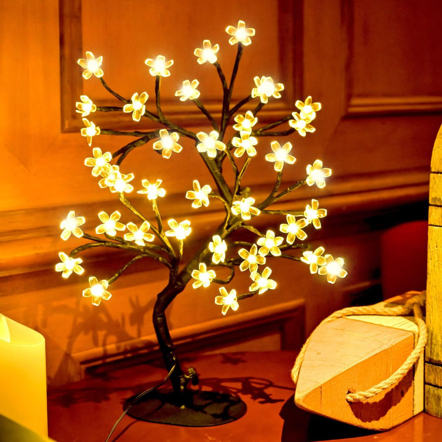 Cherry Blossom Tree Light,17Inch 40LED Lighted Tabletop Artificial Flower Bonsai