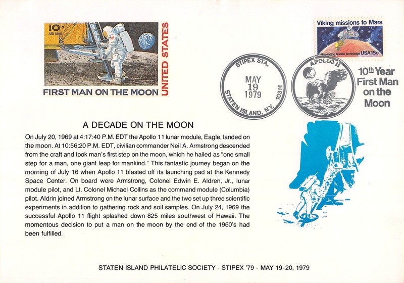 APOLLO 11 10th ANNIV STIPEX CANCEL 1ST MAN ON MOON LG. CARD  VIKING STAMP #1759