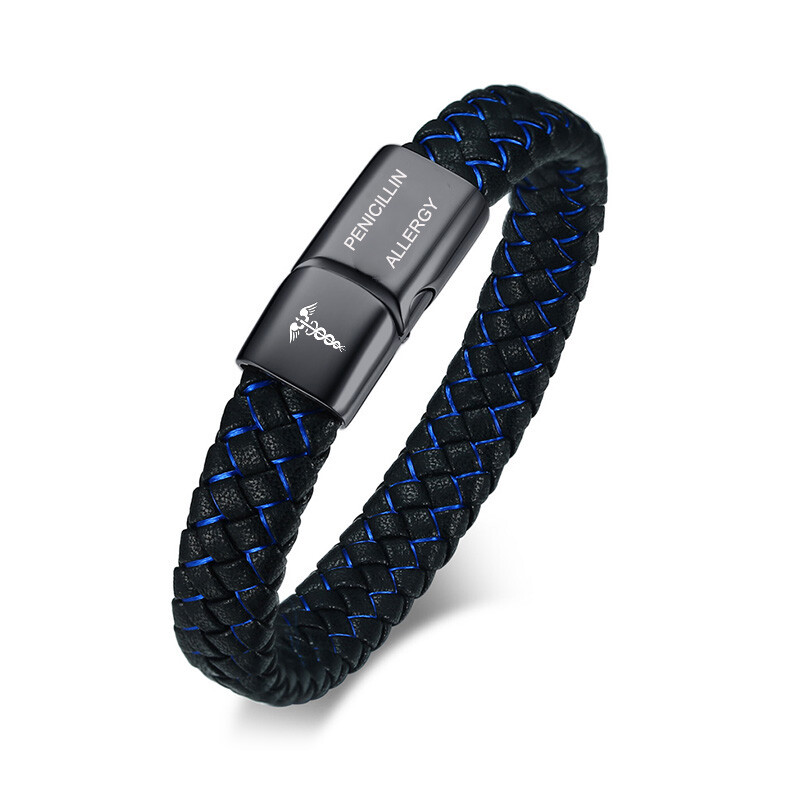 Medical Alert Genuine Braided Leather Men Bracelet Cuff