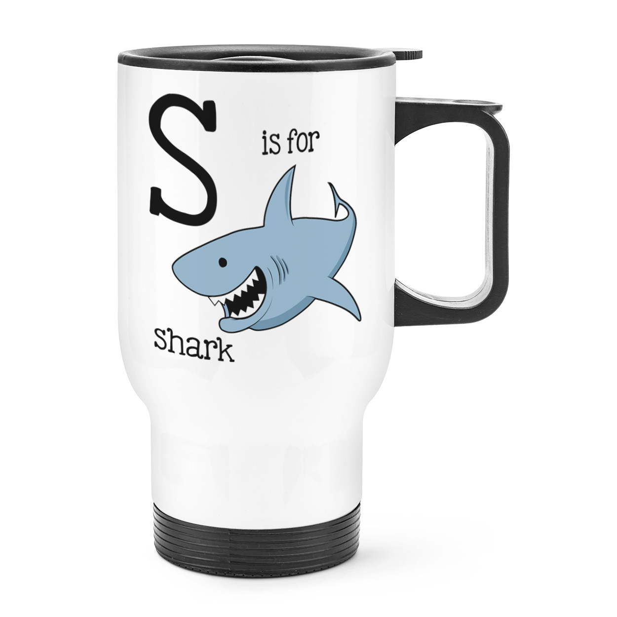 Letter S Is For Shark Travel Mug Cup With Handle - Funny Alphabet Thermal Flask