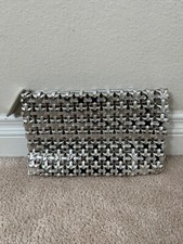 Roger Vivier Metalic Silver Clutch Handbag Wallet Small Square Studs With Zipper