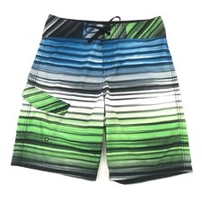 Mossimo Board Shorts Mens 32 Green Blue Striped Stretch Swim Trunks Surf Beach