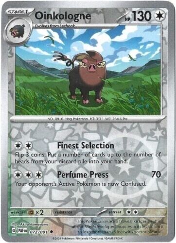 Oinkologne 072/091 Pokemon SV: Paldean Fates UNCOMMON REVERSE HOLO NM/M - Foto 1 di 1