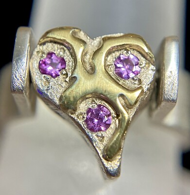 THICK 18K GOLD & STERLING PINK RUBY SAPPHIRE FLIP RING 3D HEART PENDANT OOAK SET