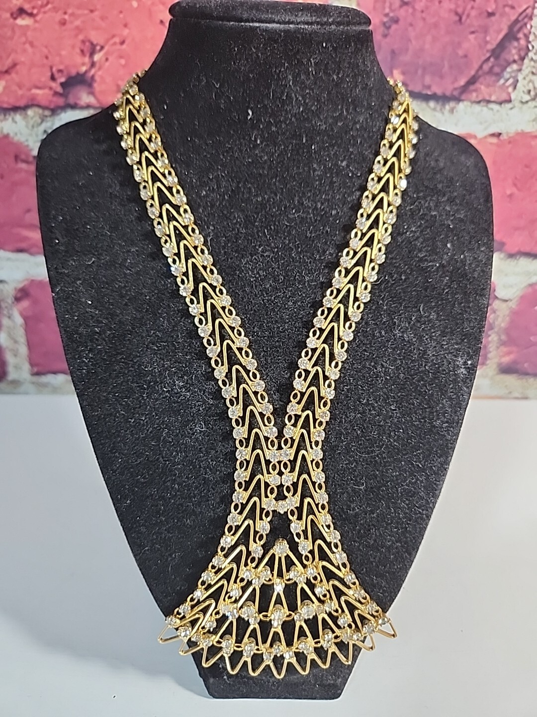 Dramatic Necklace Gold Tone Rhinestone Adjustable… - image 1
