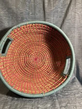 Blue Trimmed Basket Pink Threading  Handles Each Side.  Round All Vinal