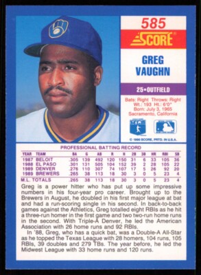 1990 Score Greg Vaughn Rookie Milwaukee Brewers #585 | eBay