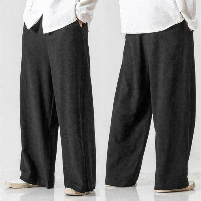 Breathable Men's Linen Cotton Blend Wide Leg Drawstring Pants