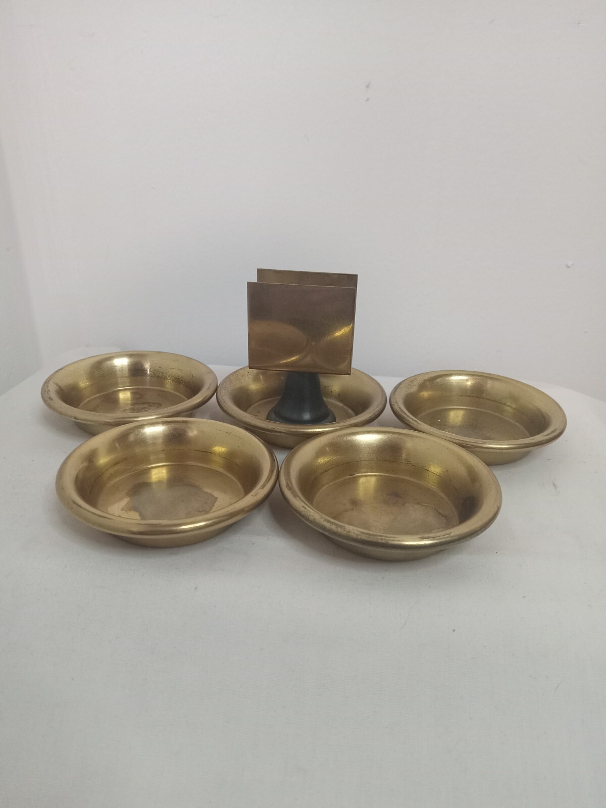 Vintage Brass Ashtray Set of 4 w/ Matchbox Holder USA Art Deco Stackable 2.75