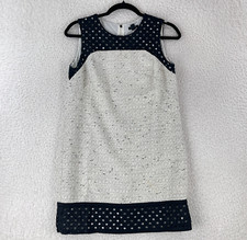 Ann Taylor Petite Black Ivory Tweed Shift Dress Womens Sleeveless Eyelet Size 4P