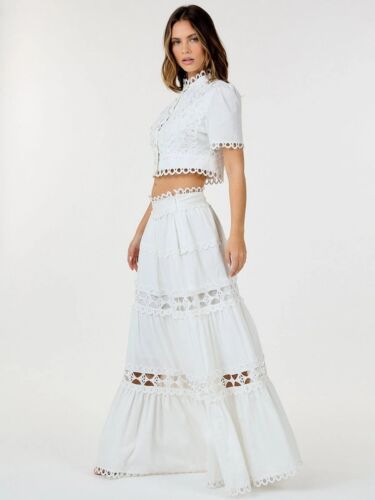 White Lace Crop Top and Maxi Skirt Set Size Medium Short Sleeve Lined Cotton - Picture 2 of 3