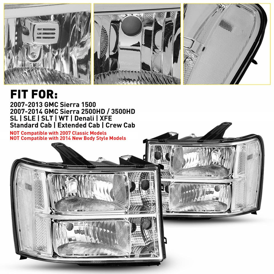 Headlights Fits 20072013 GMC Sierra 1500 2500HD 3500HD Clear Lamps