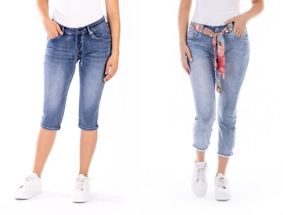 BLUE MONKEY DAMEN JEANS B  WARE NEU BLAU CAPRI TUNNELZUG GÜRTEL 7/8 LÄNGE SOMMER