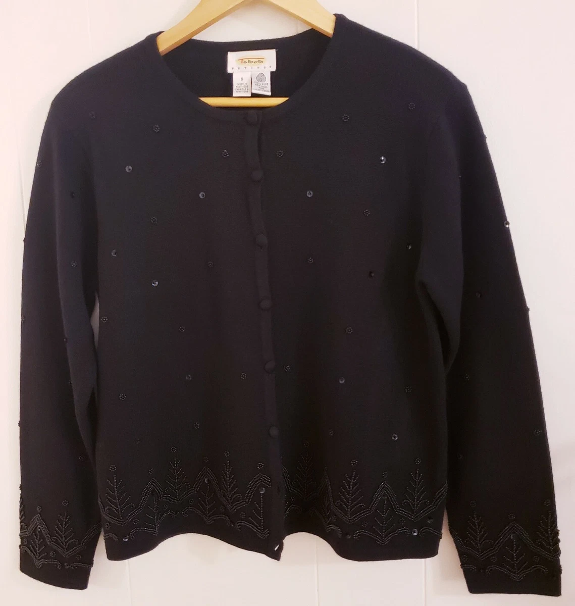VTG Talbots Sweater Petites Small Wool Black Cardigan Beads