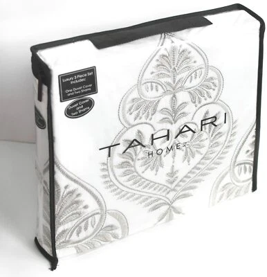 Tahari Embroidery Cotton Duvet Cover Medallion Floral Damask Textured White Grey