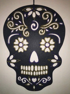 Hand Painted Sugar Skull Wall Hanging(Gold & purple glitter)16.5'' Tall x 12''Wide