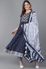 Indian New Trends Bollywood For Women Blue Pure Cotton Anarkali Suit Set