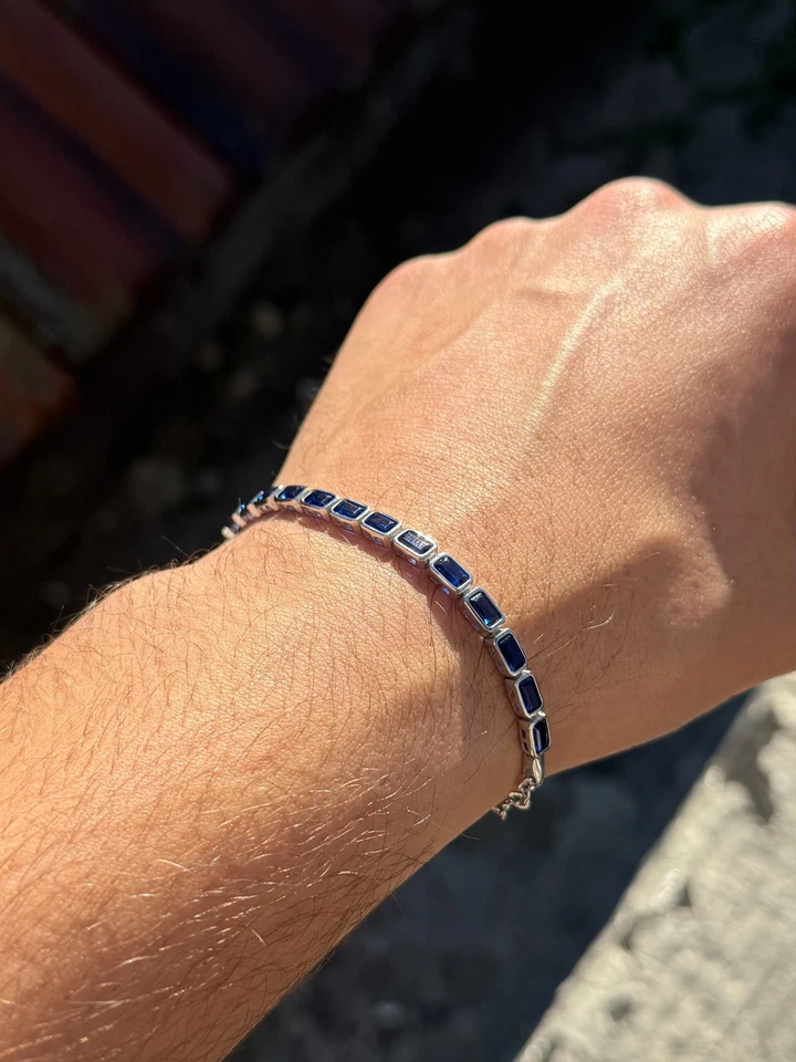 Brazalete de eslabones de zafiro azul de lujo tenis zafiro plateado Foto 2 de 4