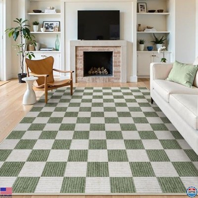 8x10 Checkered Area Rug, Non-Slip Washable, Farmhouse Geometric, Sage Green