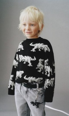 Zara Kids T Rex Dinosaur Sweater Black Grey Crewneck Sz 4 VGUC