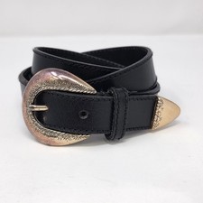 Vintage 1990s Liz Claiborne Black Leather Belt Gold Buckle Large Boho Stylish
