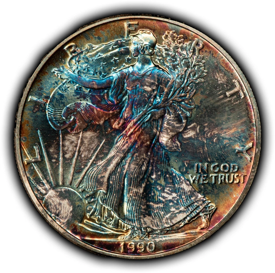 American Eagle 1990 1 oz plata - PQ Monster Rainbow Toning - SKU-B5255 Foto 3 de 4