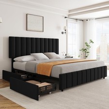 Full Queen King Size Linen Upholstered Platform Bed Frame with 4 Storage Drawers