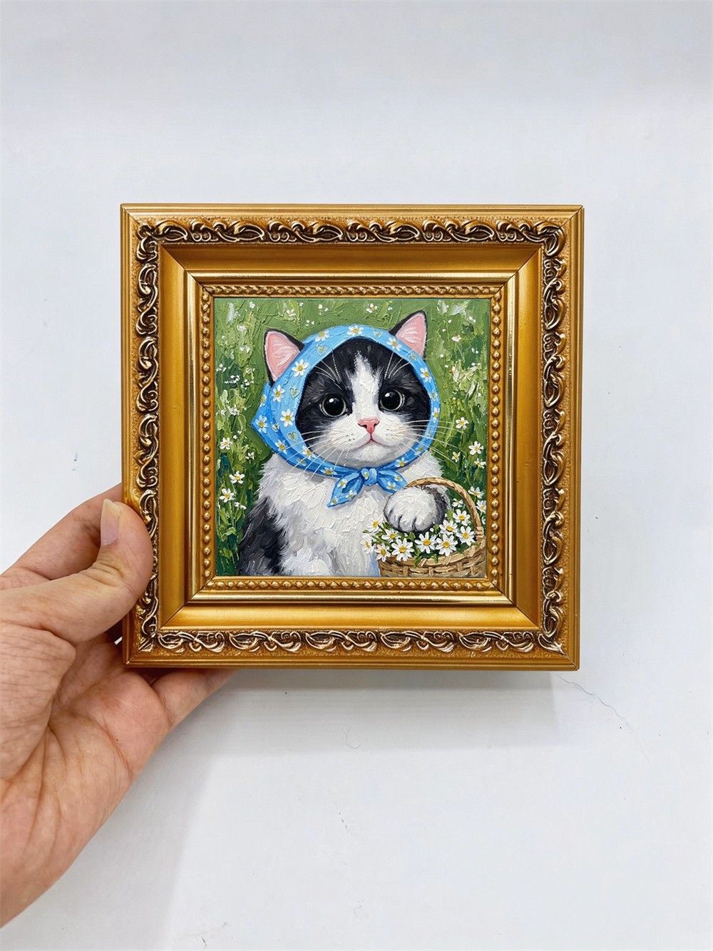 Esmoquin Gato Azul Margarita Pañuelo Cesta de Mimbre, Pintura al Óleo Personalizada de la Foto