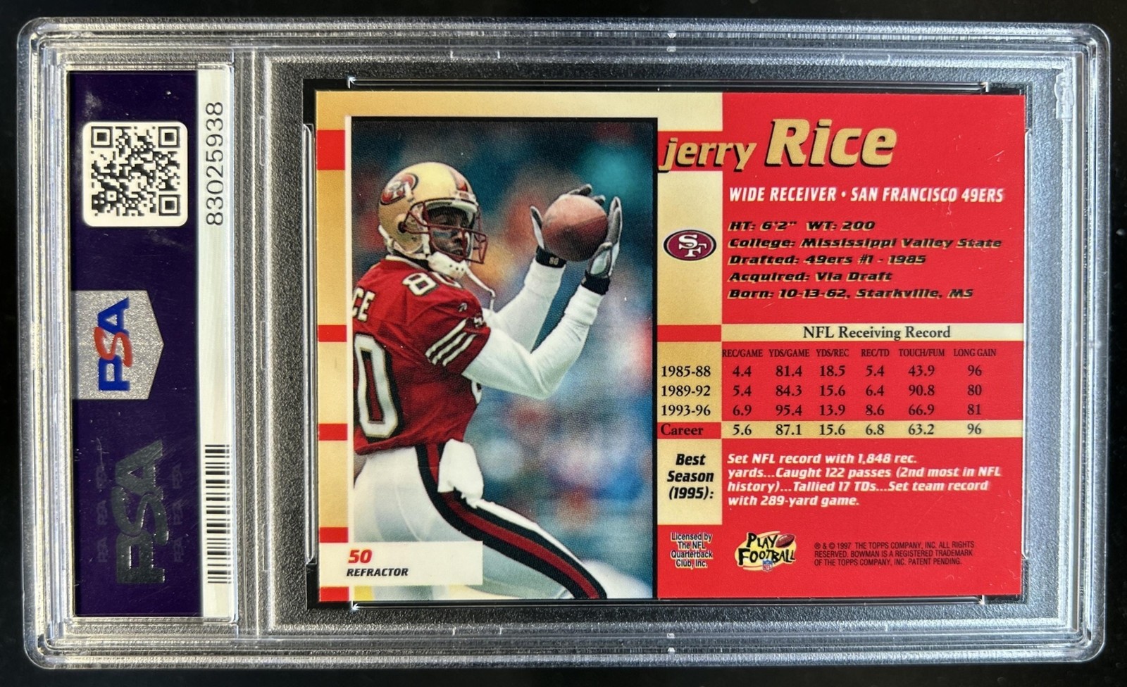 1997 Bowman's Best Jerry Rice Refractor #50 49ers PSA 10 GEM MINT view 2