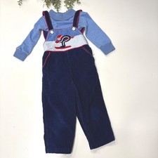 Vintage Kids 2T Corduroy Overalls Set Navy Blue Skiing Applique Mock Neck Shirt