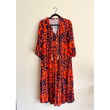 Made in Italy Orange + Navy Blue Spotted Polka Dot Tiered Flowy Maxi Dress - OS