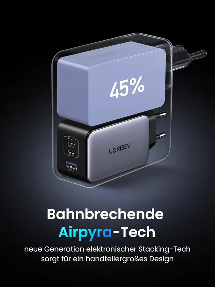 UGREEN Nexode X USB C Ladegerät 100W Mini GaN Charger 3-Port PD Netzteil - Bild 3 von 4