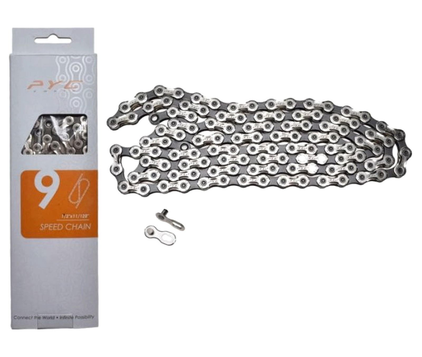 Chaîne de vélo 9 vitesses PYC P9002 1/2x11/128 116 maillons couleur argent