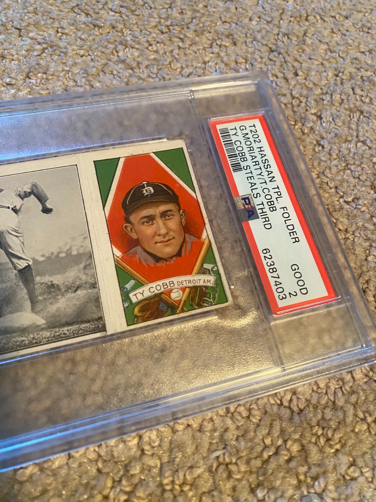 TY COBB T202 HASSAN TRIPLE FOLDER W/COBB STEALING THIRD PSA 2 62387403 CLEAN view 3