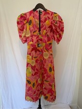 Farm Rio Pink Tropical Fruit Print Linen Blend Midi Dress XS Puff Sleeve READ