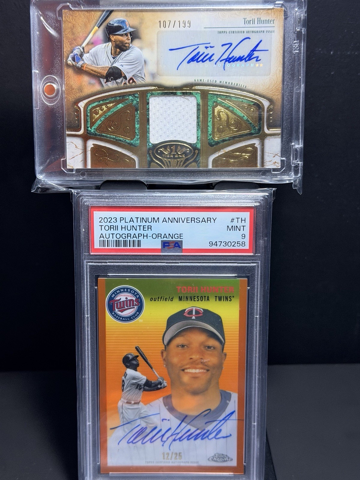 TOPPS TORII HUNTER 2 Card Numbered Auto Set /25 Orange & /199 Patch PSA 9 Twins view 1