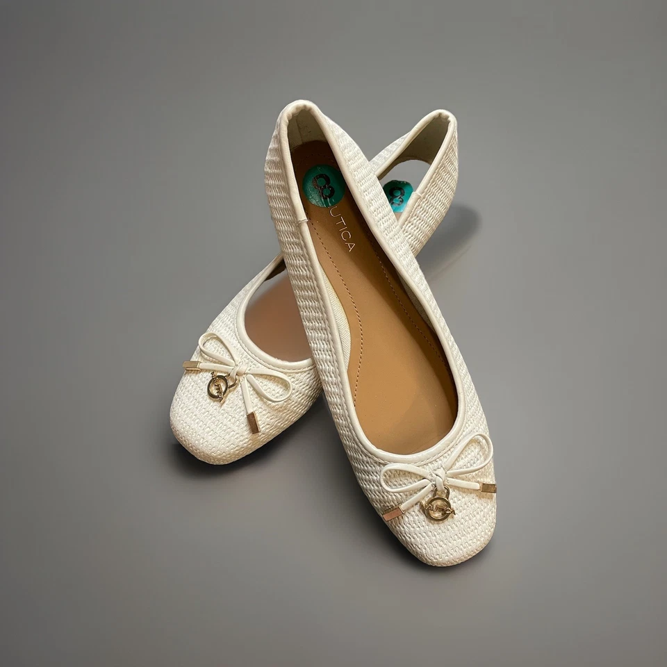 Nautica Gladview Cream Off-White Woven Bow Grommet Logo Charm Ballet Flats 8 - Image 2 of 4