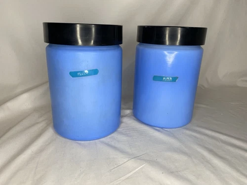 2 VTG. FIRE KING ANCHOR HOCKING CANISTER SET BLUE MILK GLASS STORAGE CONTAINERS