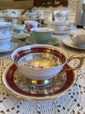 Paragon Double Warrant Burgundy & Gold Encrusted Pink Rose Teacup Saucer R794/1