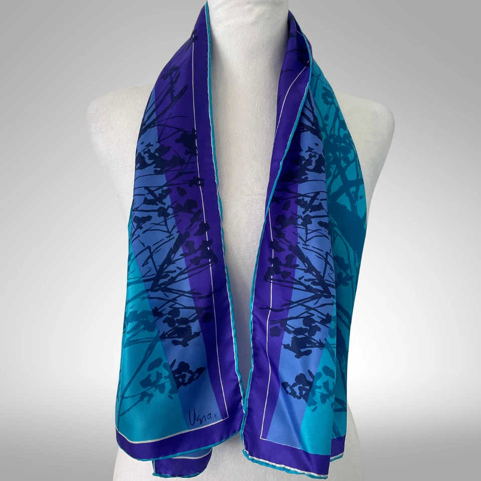 Bufanda oblonga de seda Vera azul verdoso púrpura estampado de árbol de colección años 60 Japón MCM modernista Foto 3 de 4